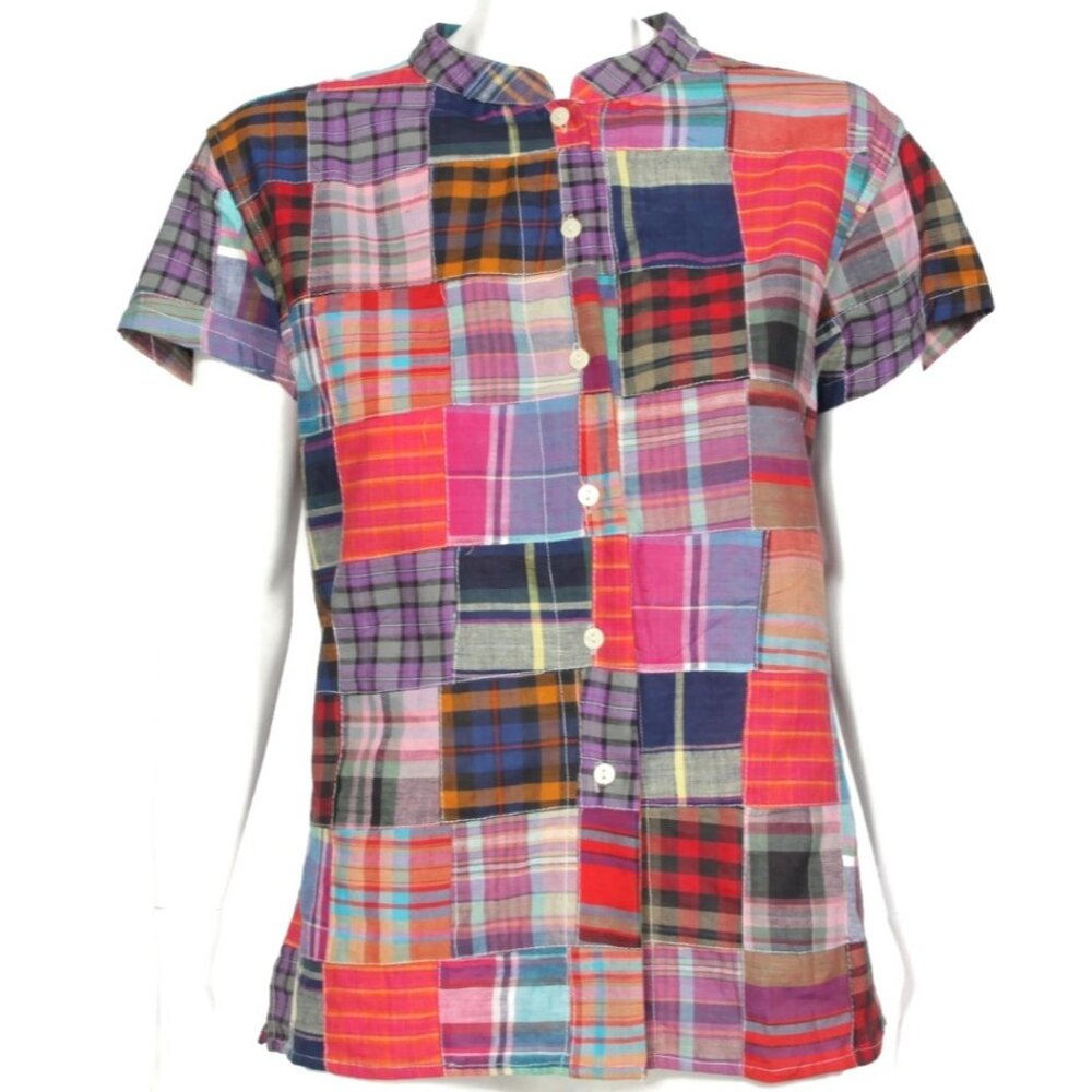 NWT ROSETTES Plaid Madras Patchwork Lace Up Tie Back Short Sleeve Top sz L /652